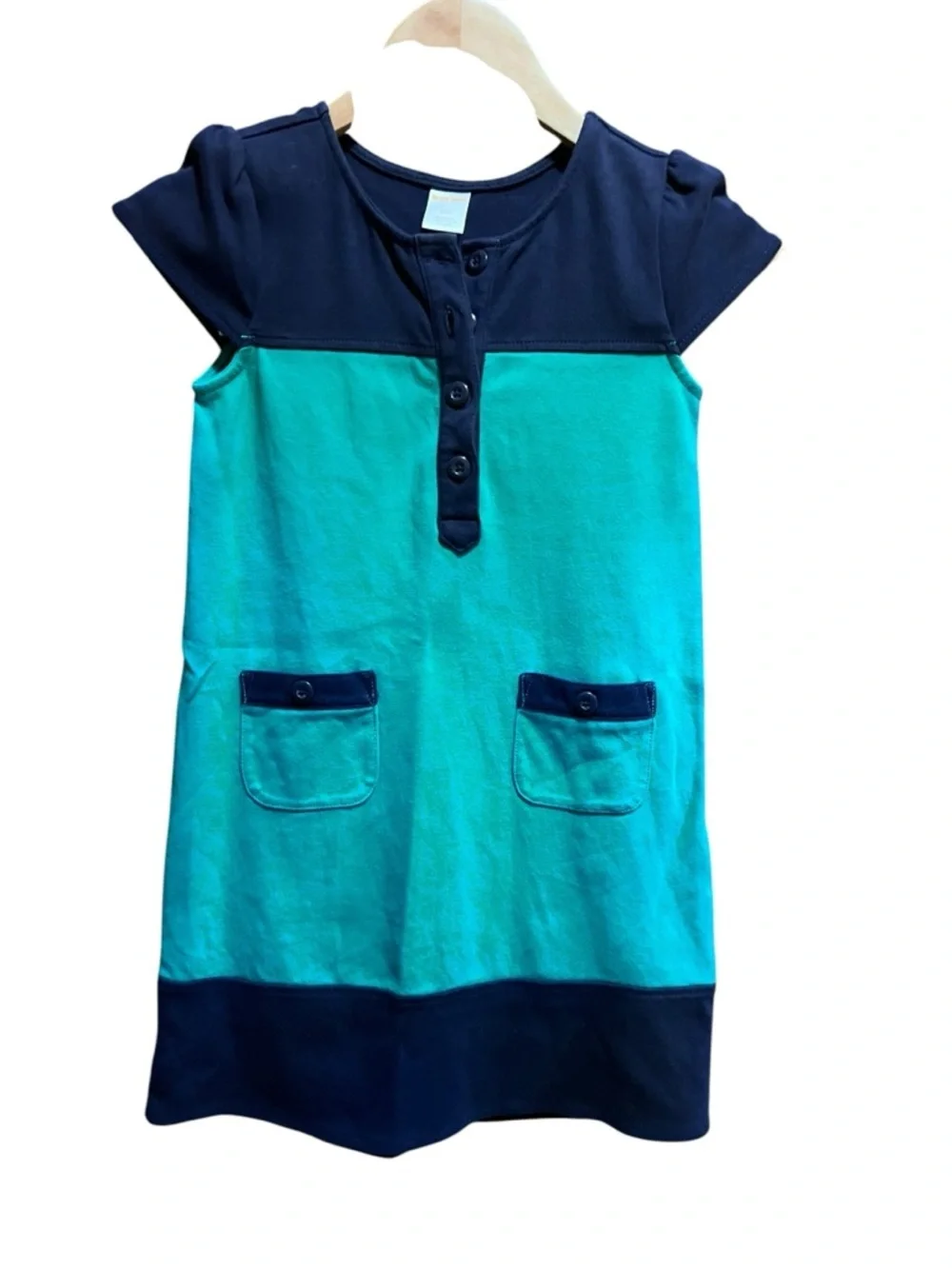 GYMBOREE Colorblock Dress Navy Blue Kelly Green Cotton Casual Cap Sleeve Size 10
